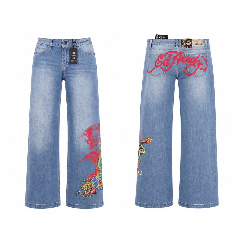 Ed Hardy Dragon Graphic Wide Leg Jeans Light Wash Blue Denim WEMD300-9 Size 28